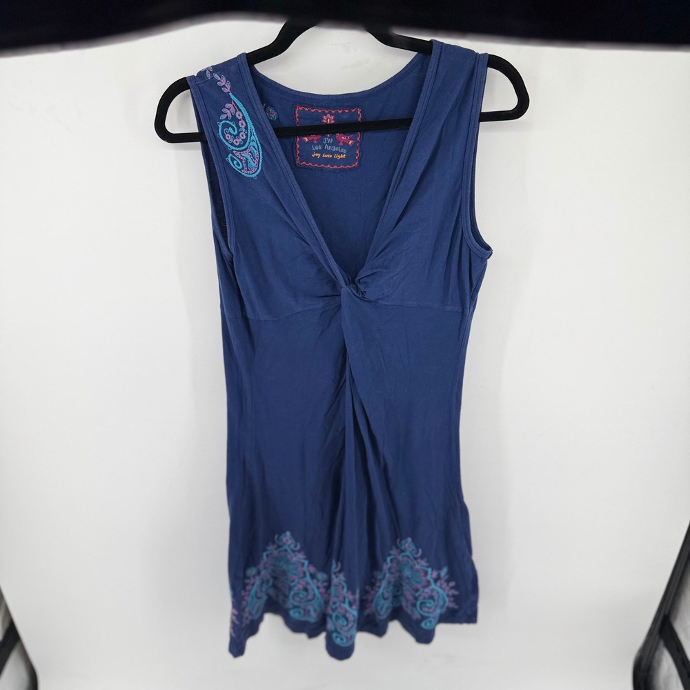 JW Los Angeles Johnny Was Blue Embroidered Twist Front V-Neck‎ Sleeveless Top
